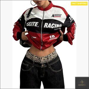 Oversized Racer Car Jacket Y2K Graphic Varsity Zip Up Lightweight Streetwear